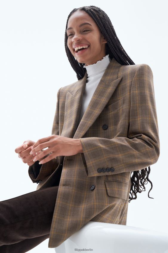 Filippa K L8HHT185 Bekleidung braun/gelbes kleines Karo Frauen Zweireihiger, karierter Blazer