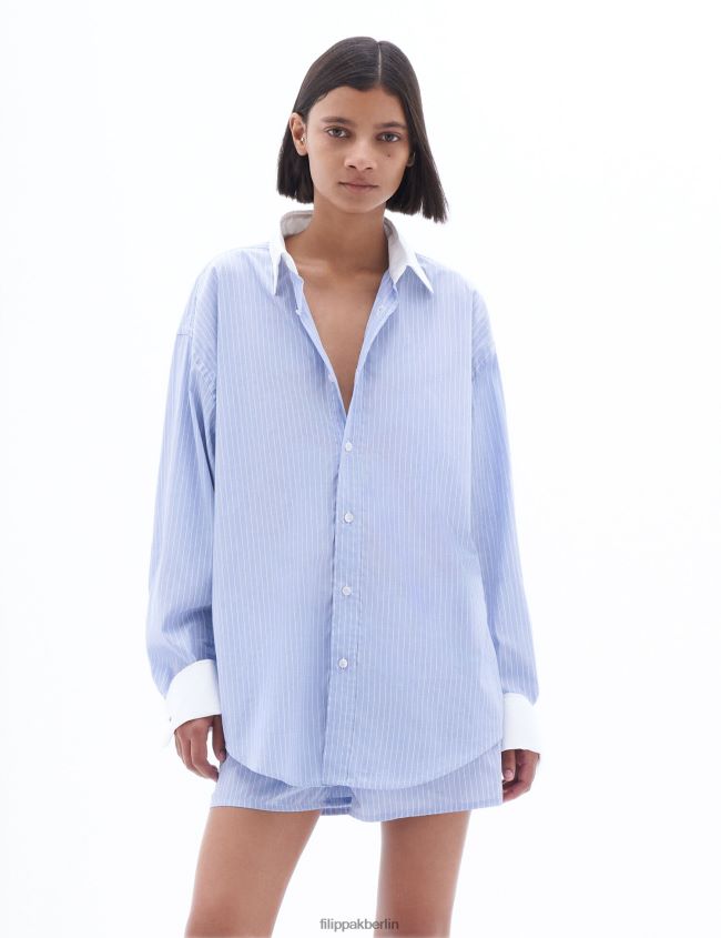 Filippa K L8HHT205 Bekleidung korallenblau/weiß gestreift Frauen gestreiftes Smokinghemd