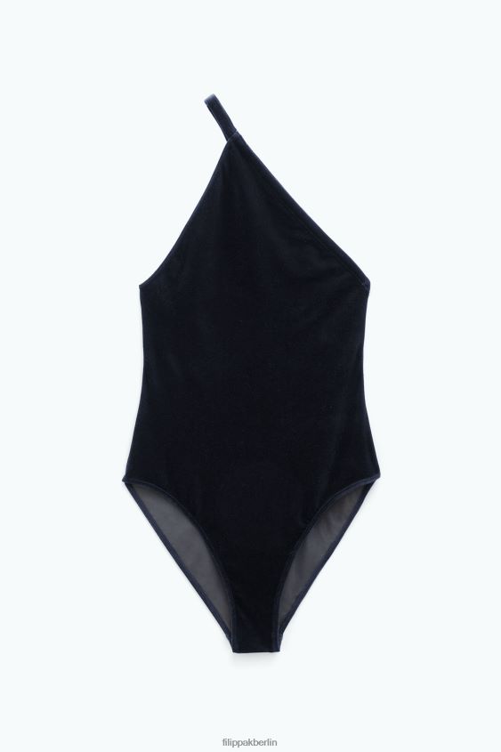 Filippa K L8HHT243 Bekleidung schwarzer Samt Frauen asymmetrischer Badeanzug