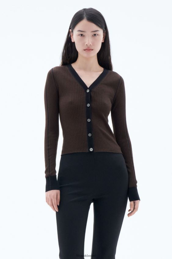 Filippa K L8HHT34 Bekleidung dunkle Schokolade/schwarz Frauen leichter Ripp-Cardigan