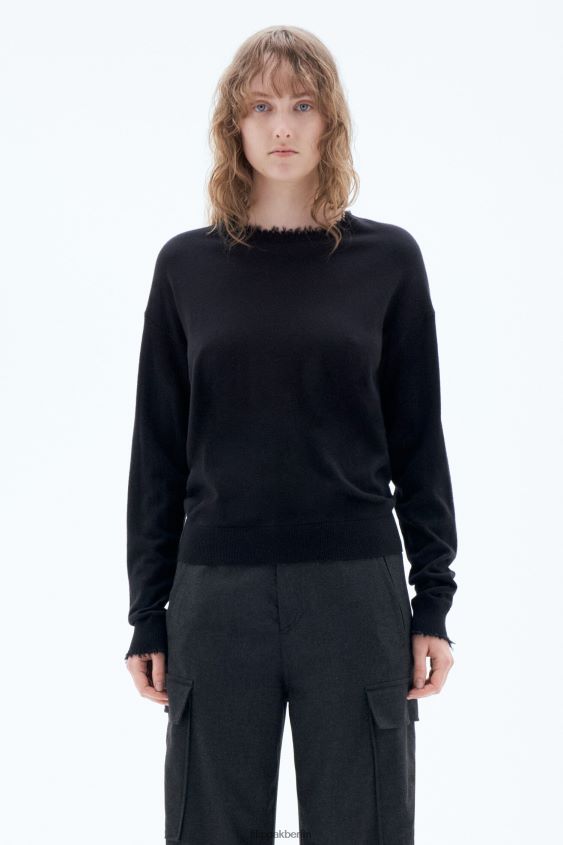 Filippa K L8HHT62 Bekleidung Schwarz Frauen Ausgefranstes Oberteil mit R-Ausschnitt
