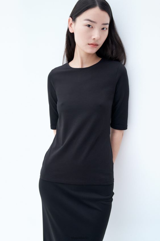 Filippa K L8HHT130 Bekleidung Schwarz Frauen Ellenbogen-Ärmel aus Baumwollstretch