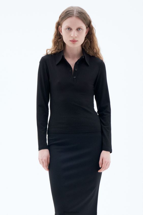 Filippa K L8HHT136 Bekleidung Schwarz Frauen Glänzendes Ripp-Polo mit Knöpfen