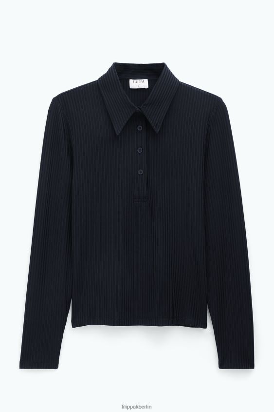 Filippa K L8HHT136 Bekleidung Schwarz Frauen Glänzendes Ripp-Polo mit Knöpfen