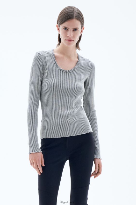 Filippa K L8HHT148 Bekleidung perlgrau/schwarz Frauen zweifarbiges Rippenoberteil