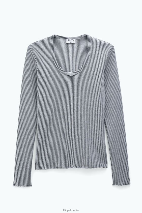Filippa K L8HHT148 Bekleidung perlgrau/schwarz Frauen zweifarbiges Rippenoberteil