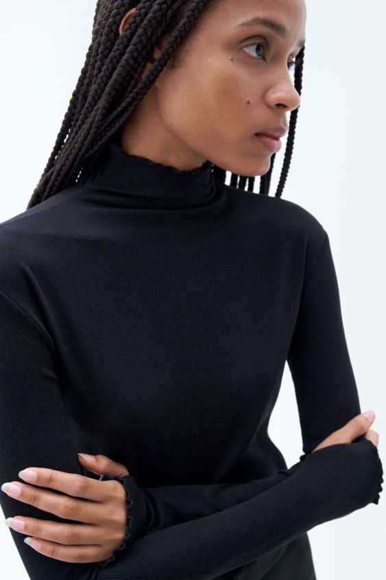 Filippa K L8HHT154 Bekleidung Schwarz Frauen Geripptes Oberteil mit Stehkragen