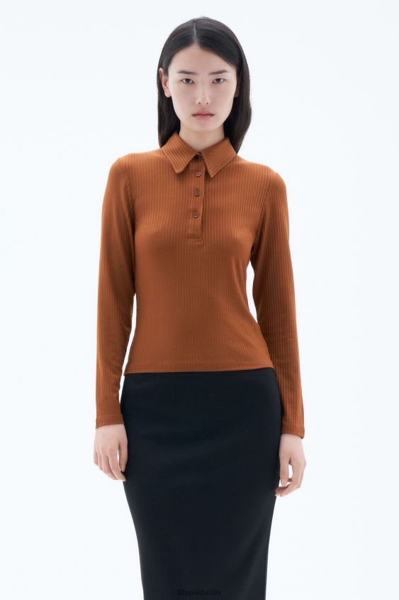 Filippa K L8HHT158 Bekleidung Kastanie Frauen Glänzendes Ripp-Polo mit Knöpfen