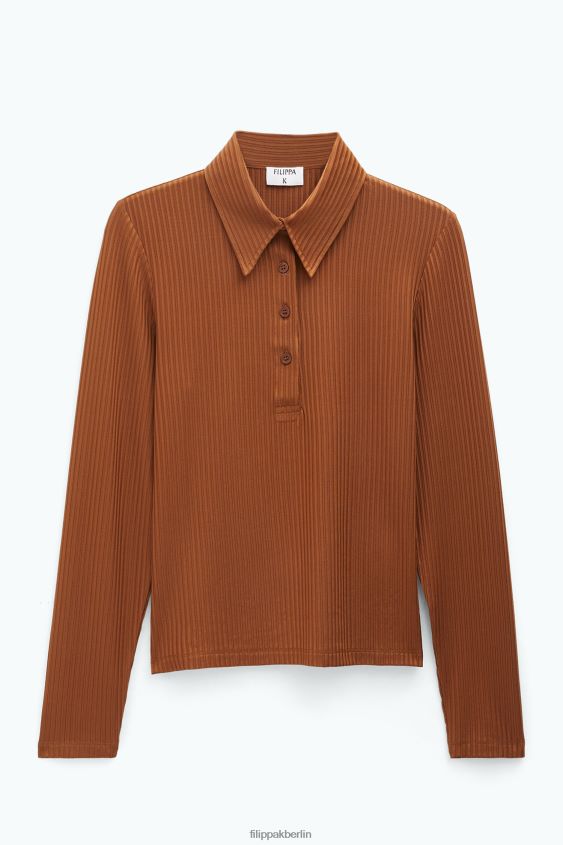 Filippa K L8HHT158 Bekleidung Kastanie Frauen Glänzendes Ripp-Polo mit Knöpfen