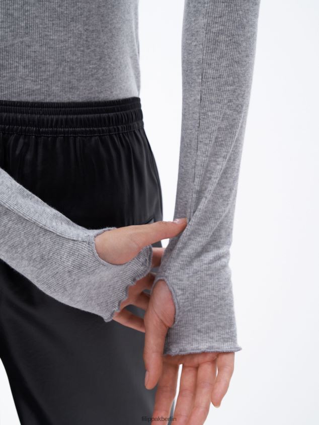 Filippa K L8HHT164 Bekleidung hellgrau meliert Frauen Geripptes Oberteil mit Stehkragen