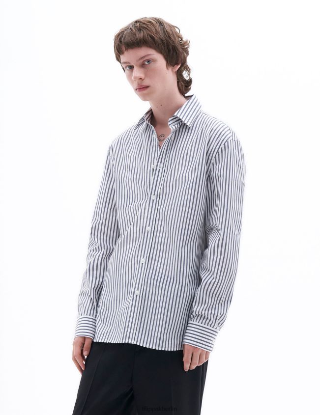 Filippa K L8HHT393 Bekleidung Pazifikblau/weißer Streifen Männer gestreiftes Baumwollhemd