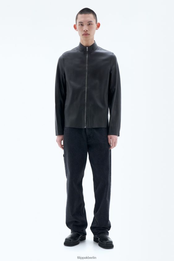 Filippa K L8HHT259 Bekleidung schwarz/rauchgrün Männer Lederjacke mit Reißverschluss