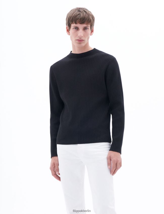 Filippa K L8HHT294 Bekleidung Schwarz Männer Rippstrickpullover mit Plattierung