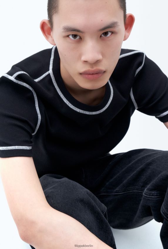 Filippa K L8HHT298 Bekleidung Schwarz Männer T-Shirt aus Baumwollripp