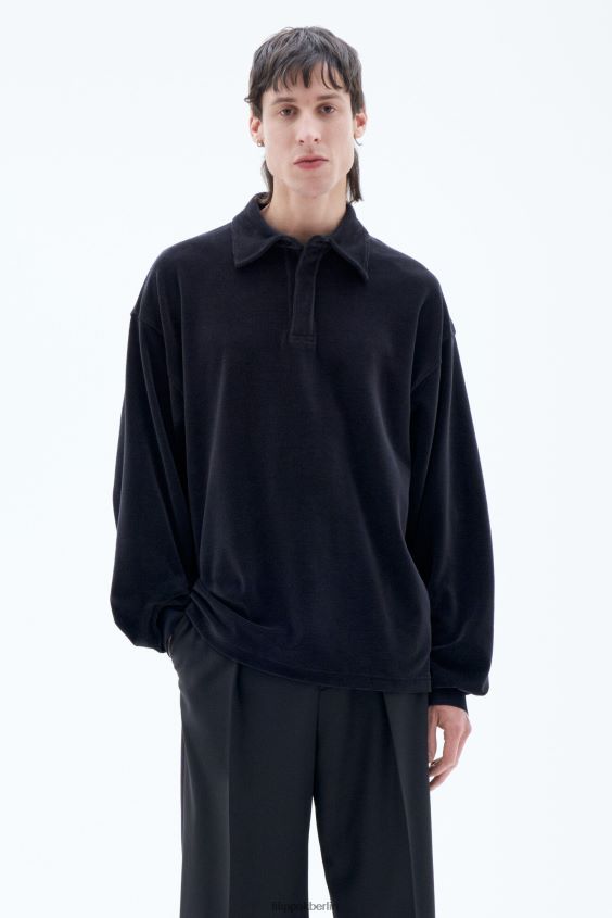 Filippa K L8HHT322 Bekleidung Schwarz Männer Velours-Langarmpolo