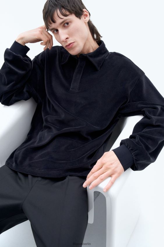 Filippa K L8HHT322 Bekleidung Schwarz Männer Velours-Langarmpolo