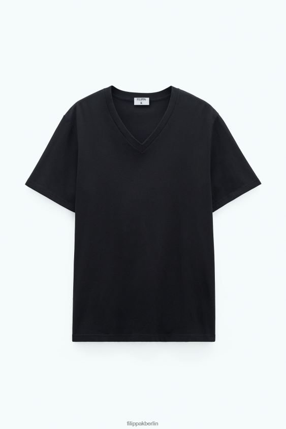 Filippa K L8HHT329 Bekleidung Schwarz Männer Stretch-T-Shirt mit V-Ausschnitt