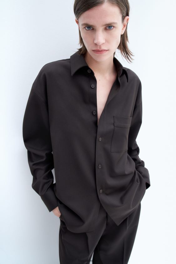 Filippa K L8HHT201 Bekleidung dunkelbraun unisex Hemd aus Wolltwill