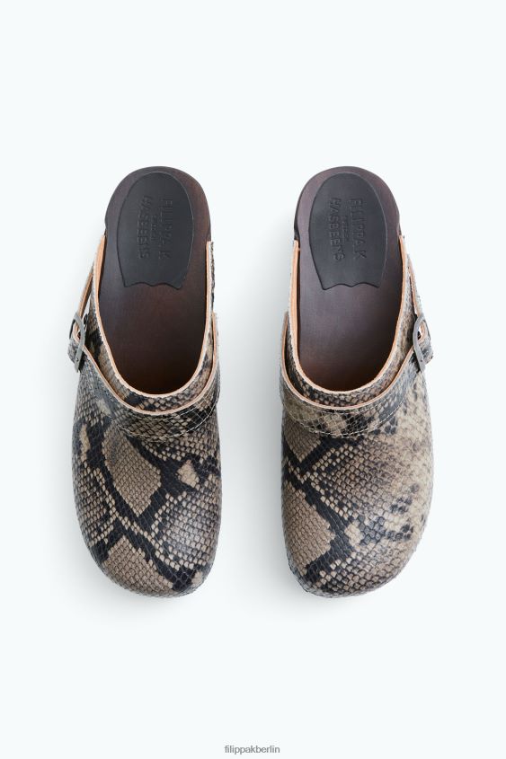 Filippa K x Swedish Hasbeens L8HHT451 Schuhe bedruckte Nougat-Schlange unisex Clog mit Rückenriemen